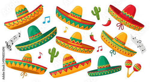Collection of colorful sombrero hats with Mexican motifs music notes and maracas representing fiesta and celebration perfect for party invitations and cultural designs