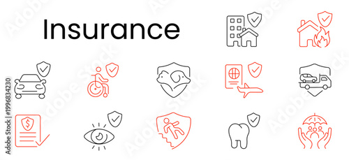 Insurance set icon. Outline pictograms, car, disability, pet, travel passport shield, transport truck, policy document, eye, accident shield, tooth shield