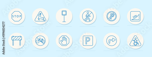 Traffic signs set icon. Line badges with stop octagon, deer warning, signpost, pedestrian ban, no parking, steep grade, barrier, bicycle ban, halt hand, parking symbol, turn arrow, wheelchair alert.
