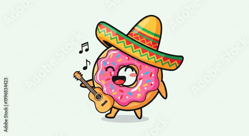 Donut Mariachi Serenade: A cheerful donut, adorned with a vibrant sombrero, strums a miniature guitar, emanating musical notes that float gently in the air.