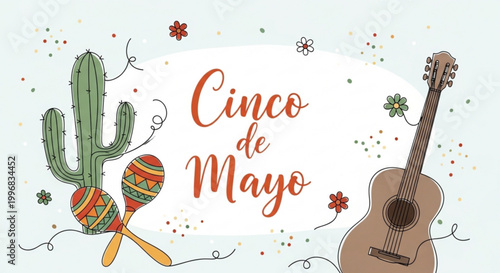 Cinco de Mayo: A festive illustration of Cinco de Mayo, featuring a cactus, maracas, and a guitar, perfect for celebrating Mexican culture and heritage. 