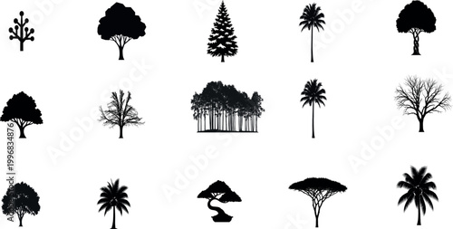 Set of black tree silhouettes for design.
