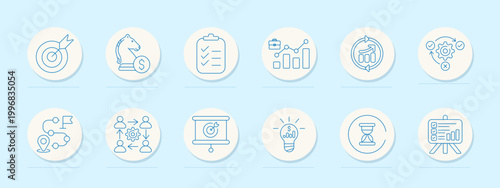 Business strategy set icon. Target, chess horse, checklist, growth chart, process cycle, organization structure, idea bulb, planning board outline collection.