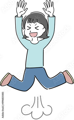 勢いよくジャンプして両手を上げる女性の全身シンプルイラスト（喜び・達成・元気・エネルギー・人物素材） / Full body woman jumping energetically with arms raised simple line illustration (joy, achievement, energy, excitement, people)