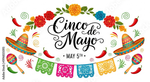 Cinco de Mayo celebration banner with sombrero hats maracas and festive decorations perfect for holiday invitations and social media graphics