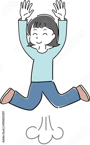 勢いよくジャンプして両手を上げる笑顔の女性の全身シンプルイラスト（喜び・達成・元気・エネルギー・人物素材） / Full body woman smiling jumping energetically with arms raised simple line illustration (joy, achievement, energy, excitement, people)