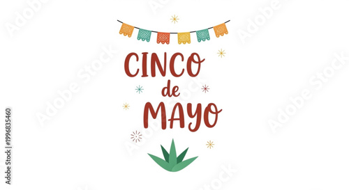 Cinco de Mayo lettering with festive bunting and agave plant a colorful illustration for Mexican holiday celebrations and party invitations