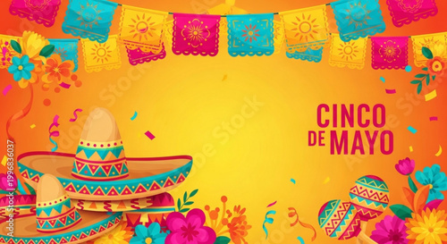 Cinco de Mayo celebration with traditional sombrero maracas and papel picado banners vibrant festive background for holiday design