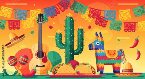 Vibrant Mexican fiesta illustration with guitar cactus tacos and pinata celebrating Cinco de Mayo and cultural traditions perfect for party invitations and festive designs