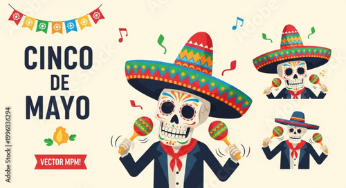 Cinco de Mayo celebration with dancing skeleton mariachis wearing sombreros and playing maracas vector illustration for festive holiday design