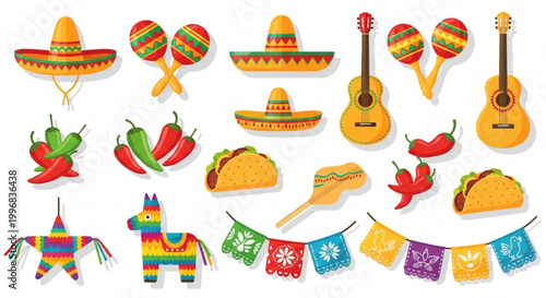 Collection of Mexican cultural icons including sombreros maracas guitars tacos and pinatas perfect for festive celebrations and travel themes