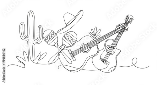 Continuous line drawing of Mexican musical instruments and symbols including guitars maracas sombrero and cactus for Cinco de Mayo celebration or cultural themes