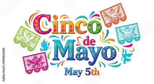 Colorful Cinco de Mayo text with May 5th and traditional papel picado banners festive illustration for Mexican holiday celebration