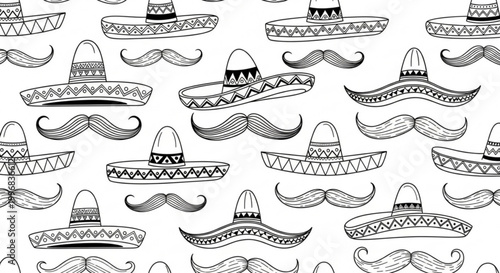 Hand-drawn sombrero and mustache pattern a festive doodle illustration for Cinco de Mayo or Mexican themed designs isolated on white background