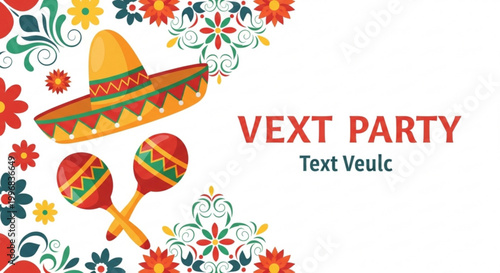 Traditional Mexican sombrero and maracas with floral elements festive design for Cinco de Mayo celebration or fiesta invitation isolated on white