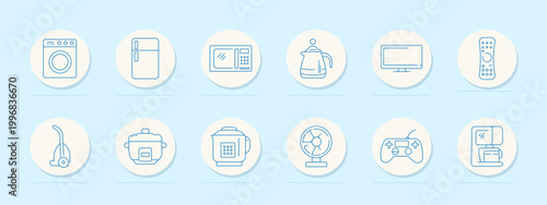 Home appliance set icon. Linear assortment with washing machine, refrigerator, microwave, kettle, television, remote control, vacuum cleaner, multicooker, fan, console controller, desktop