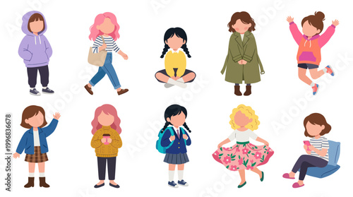 Flat Style Vector Illustration of Diverse Girls in Casual Outfits