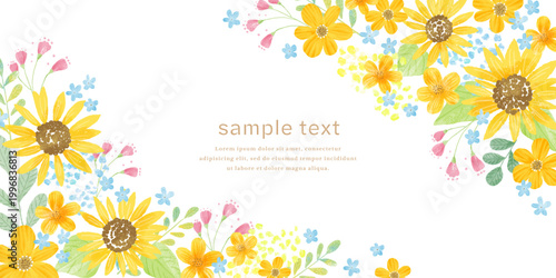 水彩夏　ひまわりのベクターフレームイラスト