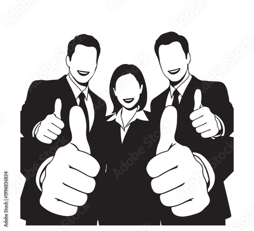 Diverse business professionals enthusiastically give thumbs-up gestures, symbolizing strong approval, collective success, and excellent performance in a positive collaborative environment