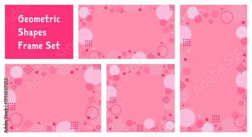 おしゃれな幾何学模様のピンクの背景セット。図形とドット・ストライプのフレーム。16:9・縦型・正方形。