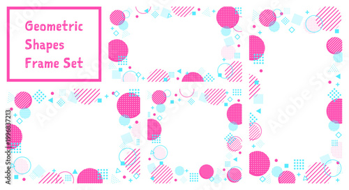 おしゃれな幾何学模様のマルチカラーの背景セット。図形とドット・ストライプのフレーム。16:9・縦型・正方形。