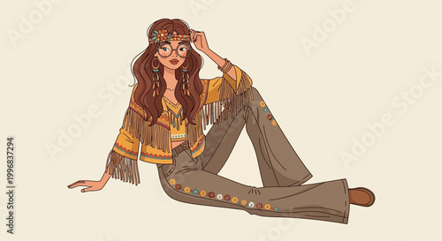 A cartoon woman in a retro outfit sitting on the floor with a relaxed pose.