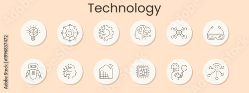 Technology set icon. Idea bulb, network gear, ai head, brain circuit, drone, vr glasses, robot, profile data, smart home, processor, bionic arm, connectivity, innovation, digital future