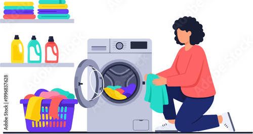 Modern flat vector illustration of woman doing laundry, housewife loading washing machine with colorful clothes, domestic housework and home service concept