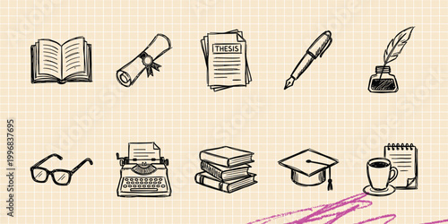 Black ink scribble doodle vector vintage hand drawn set of literature writing tools feather pen ink and books