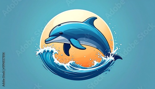 Cartoon dolphin leaping from a wave, set against a circular orange sun and a light blue background
