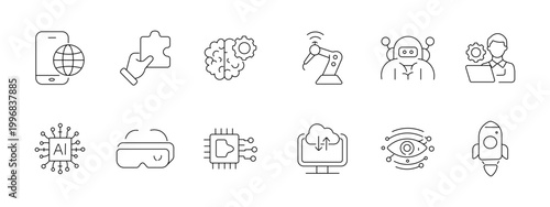 Technology set icon. Collection with smartphone globe, puzzle piece, brain gear, robotic arm, android, engineer laptop, ai chip, vr headset, processor, cloud monitor, digital eye, rocket.