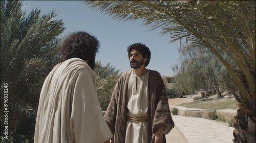 Jacob and Esau Reunite After Years of Separation. Biblical Story Scene