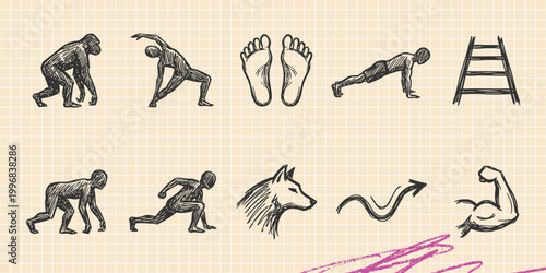 Black ink scribble doodle vector vintage hand drawn illustration of human evolution and progress of mankind