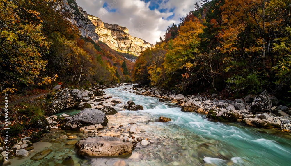 Obraz premium Stunning river scene with autumn foliage and a towering mountain