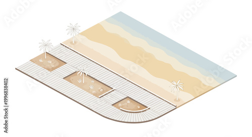 Isometric illustration of a beachside promenade with palm trees and sandy areas, presented in a clean, minimalist style with pastel colors, set against a bright white background