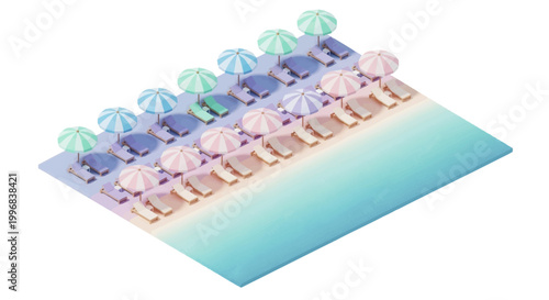 Isometric illustration of a beach scene featuring rows of beach chairs and umbrellas in pastel colors, conveying a calm and relaxing mood, set against a clean white background