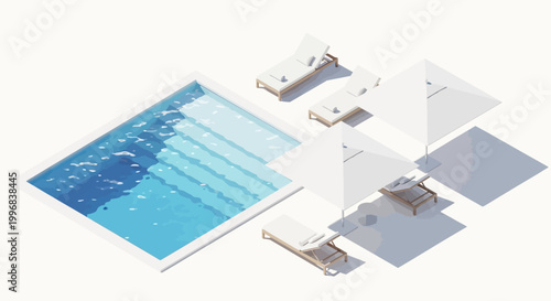 Isometric rendering showcases a swimming pool with steps and blue water next to deck chairs under white parasols, all arranged on a bright white surface, creating a clean and minimalist
