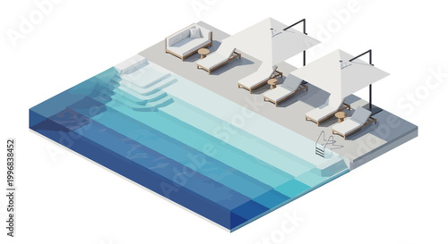 Isometric rendering of a tranquil blue swimming pool with lounge chairs and sunshades on a concrete platform, presented against a clean white backdrop, creating a serene and luxurious