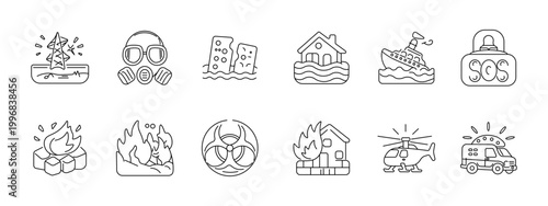 Disaster set icon. Crystal explosion, gas mask, flood buildings, submerged house, sinking ship, warning siren, campfire, wildfire, biohazard, burning home, rescue helicopter, ambulance emergency.