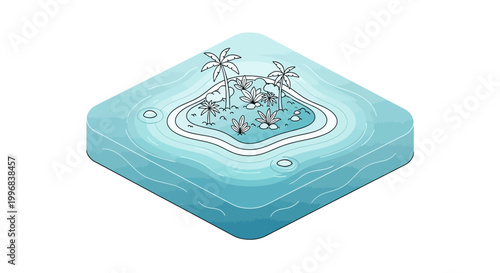 A small, isolated tropical island with palm trees is depicted in an isometric illustration, set against a clean white background, showcasing a calm and serene mood with light blue water