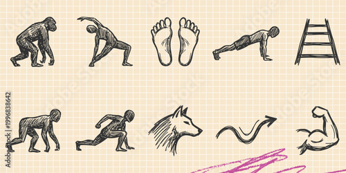 Black ink scribble doodle vector vintage hand drawn set showing human evolution and historical development