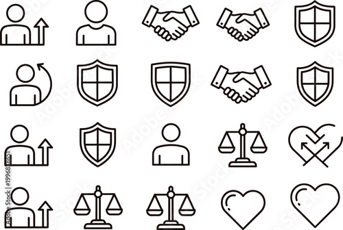 Black line icons of business partnership, security, law and love.