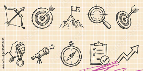 Black ink scribble doodle vector vintage hand drawn illustration of goal achievement target and archery icons