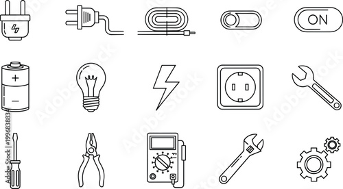 Electrical tools and equipment line icons set with plug battery switch and repair vector illustration