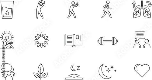 Healthy lifestyle wellness and self care line icons set with fitness meditation sleep and nutrition