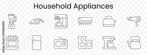 Household appliances set icon. Outline kitchen devices, blender, iron, coffee machine, air conditioner, gas cylinder, hair dryer, stove, refrigerator, radio, speaker system, stand mixer, kettle.