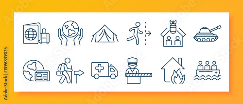Disaster set icon. Radiation symbol, meteor impact, airplane crash, emergency siren, temperature rise, skull danger, tsunami wave, car collision, volcano eruption, tornado storm, alarm signal