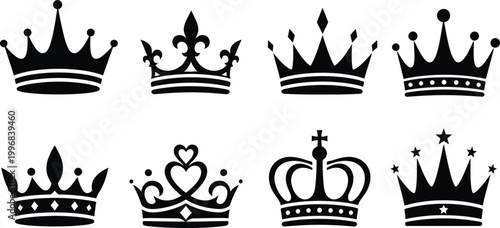 Royal Crown Silhouette Icon Set featuring a diverse collection of black king and queen crown symbols in various styles, from minimalist to ornate vintage designs. 
