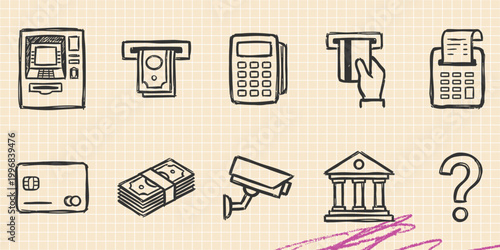 Black ink scribble doodle vector vintage hand drawn set of ATM cash machine banking and security camera