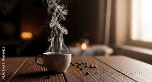 Steaming Cup of Coffee on a Wooden Table with Coffee Beans.